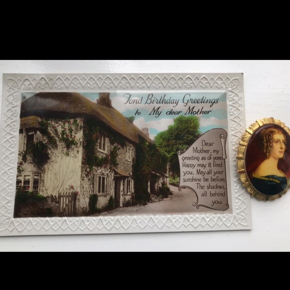 Vintage Birthday Greeting PostCard with vintage Cameo brooch - Picture 1 of 3
